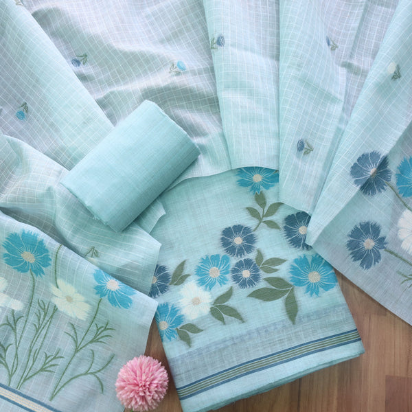 Minimalist Muse Blue Soft Muga Cotton Jamdani Unstitched Suit Set